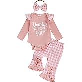 Ursobutegl Newborn Baby Girls Outfits Daddy's Little Girl Romper Jumpsuit Bodysuit Plaid Flare Pants Set Fall Winter Clothes