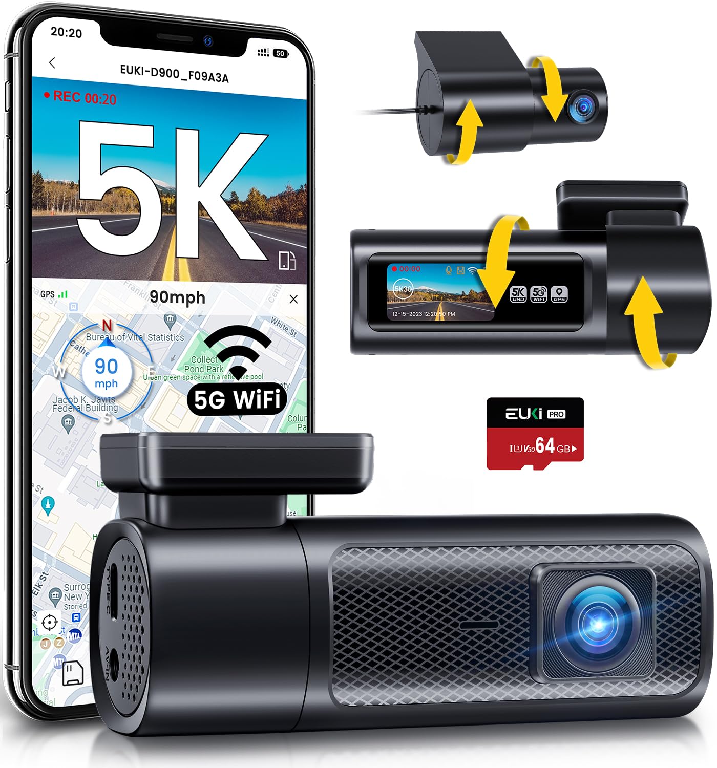 EUKI 5K Dash Cam with HDR, Dash Cam Front and Rear with 5G WiFi, GPS, Dash Camera with 1.47” IPS Screen, Starlight Night Vision, 24h Parking Mode, G-Sensor, Max 512GB