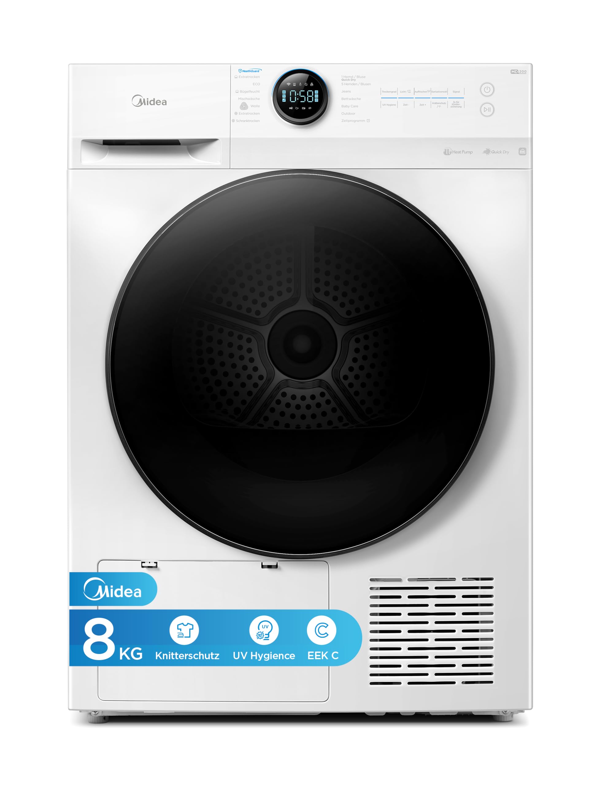 Midea MD20EH80WB-A3 Wärmepumpentrockner, 8 kg, Energieklasse C, UV Hygience, Knitterschutz, Sanfte Pflege, Auto Dry, Wollpflege, Auffrischen, Fernsteuerung, Startzeitvorwahl, Weiß [Energieklasse C]