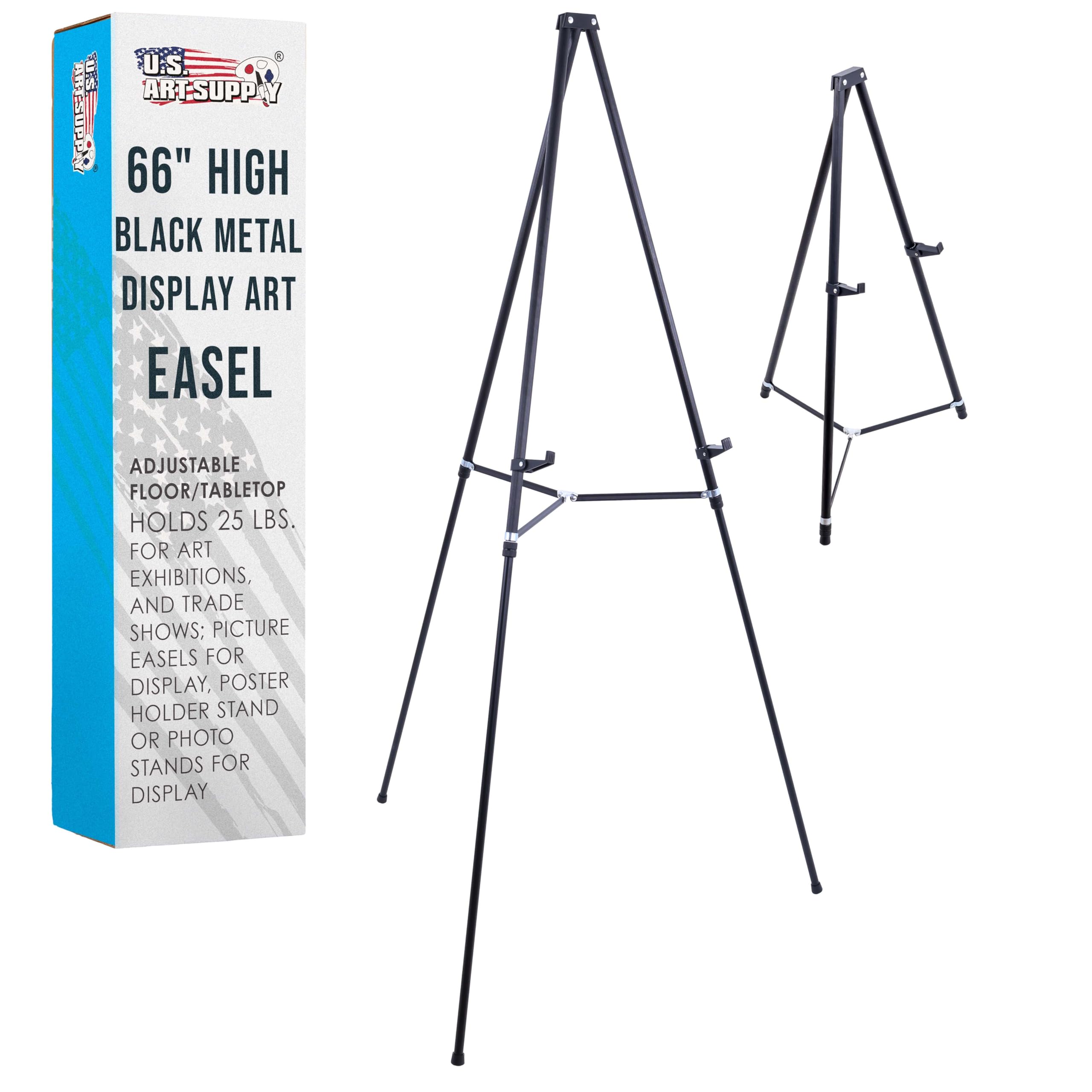 Photo 1 of U.S. Art Supply 66" High Black Metal Display Art Easel - Large Adjustable Height Portable Easel Stand, Sign Display, Holds 25 lbs - Floor & Tabletop Easels, Sign Stand