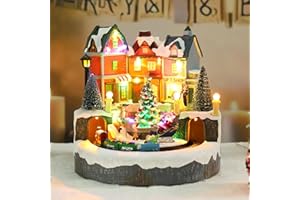 Afirst Christmas Village Houses Collectible Figurines Santa Sleigh Tree Moving Train Lighted Christmas House Collectable Xmas Light Up Musical with USB Indoor Display Figurines Decoration