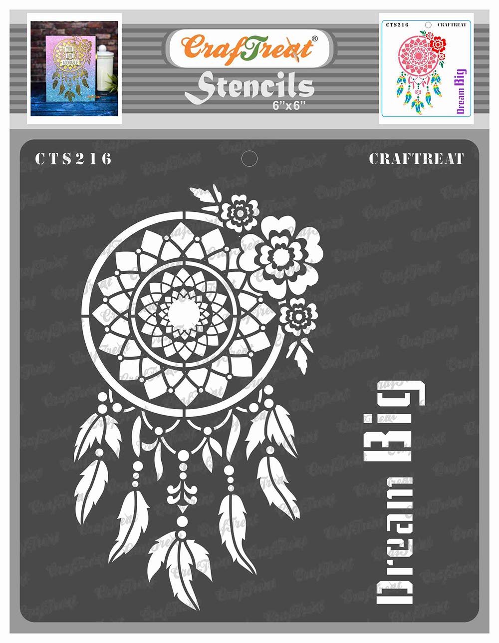 CrafTreat Reusable Dream Catcher Stencil for Painting on Wood, Canvas, Paper, Fabric, Floor, Wall and Tile - Dream Big - 6x6 Inch - DIY Art and Craft Stencils for Home Decor - Dreamcatcher Stencils