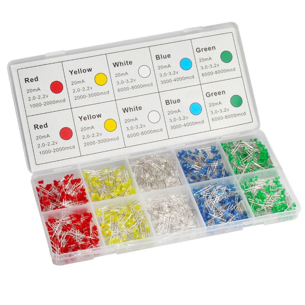 Kit 200 LED 3mm E 5mm – 5 Colori (Bianco, Giallo, Rosso, Blu, Verde) 3V 20mA, Per Fai-da-te E Riparazioni