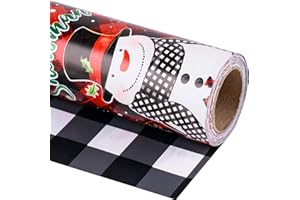 LeZakaa Christmas Wrapping Paper Mini Roll, Snowman & White Black Buffalo Plaid Xmas Reversible Design, Holiday Party Gift Wrap for Kids Boys Girls, 17 in x 32.8 Ft