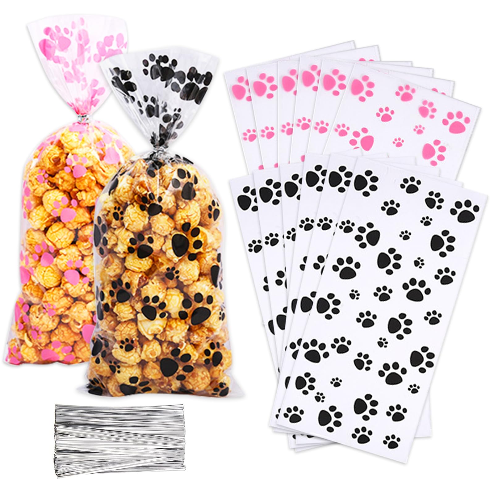 BLMHTWO 100 Pieces Pet Paw Print Plastic Cellophane Bags Heat Sealable Treat Candy Bags for Dog Cat Gift Sweet with Silver Twist Ties for Pet Treat Party Favor (Black&Pink)