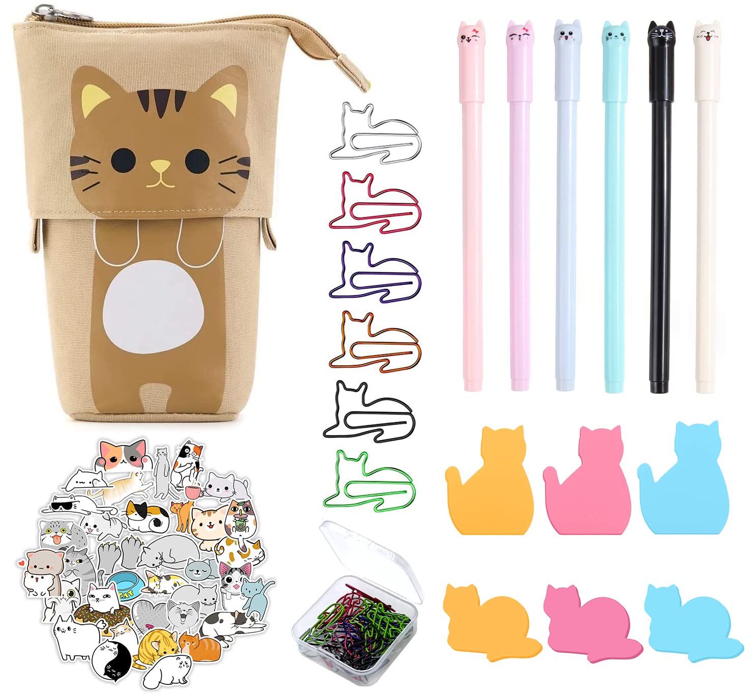 KKSJK Kids Cat Pencil Case Set, 1 Khaki Cat Pencil Case, 6 Gel Pens, 50 Cat Stickers, 30 Paper Clips, Sticky Notes, Gifts for Girls and Kids
