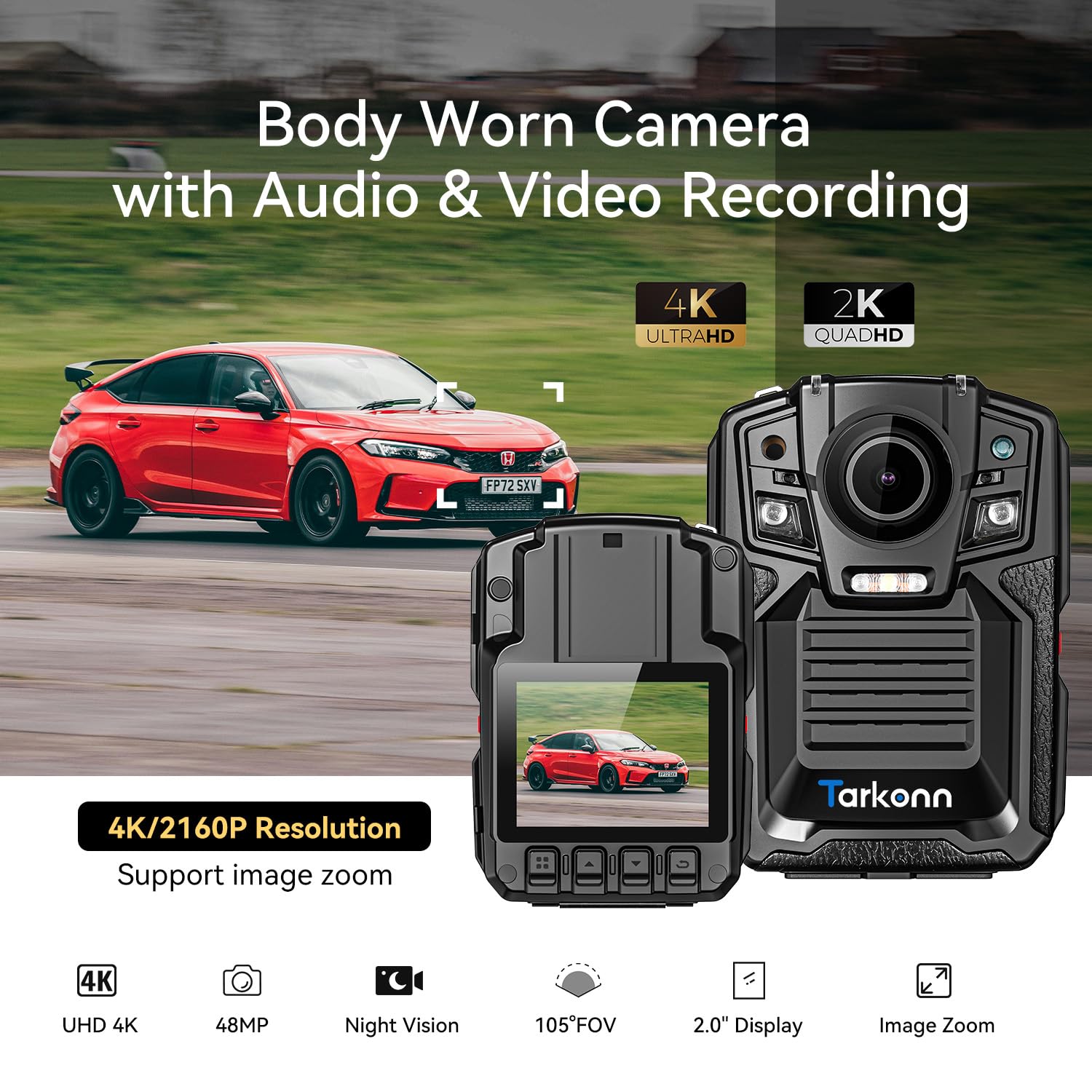 Tarkonn Body Camera with Audio and Video Recording, 4K/2160P Body Cam, 2PCS 1950MAH Batteries, Night Vision, GPS, 128G Bodycam, Police Body Worn Camera