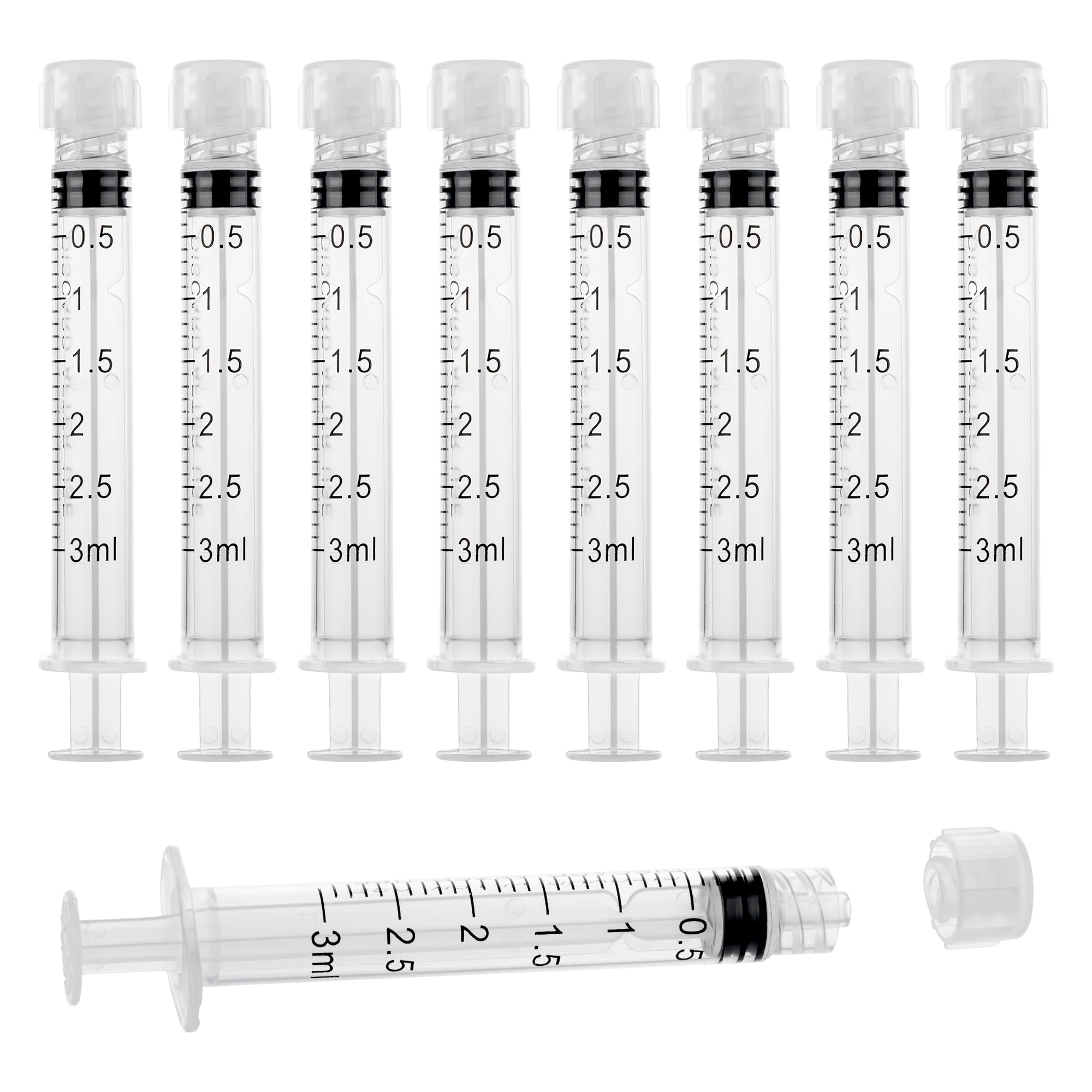 Photo 1 of 3mL Syringes without Needle, Luer Lock Syringe with Cap, Sterile Individually Wrapped, Accurate Liquid Measurement - 50 Pack for Lab Use and Home Care
