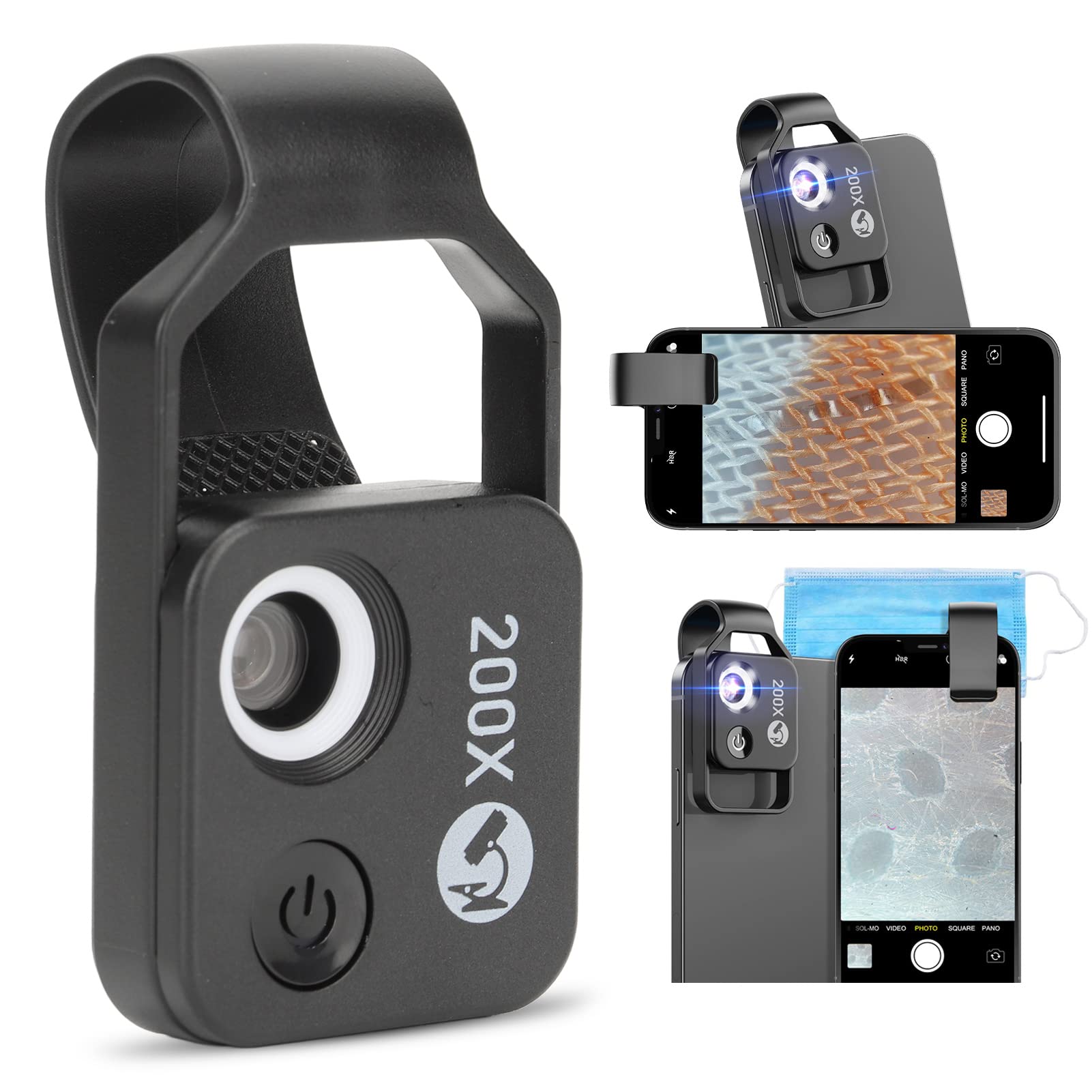 200X Phone Mini Pocket Microscope, Clip Design, LED Light, Compatible with for IOS,for Android, CPL for Jadestone Metal Observation (Black)