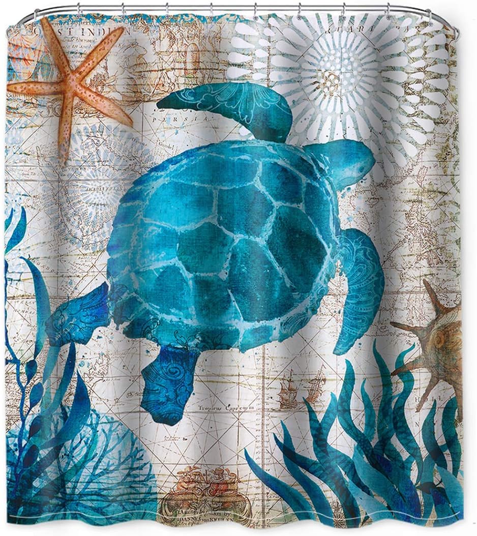 Fabric Shower Curtain Sea Turtle, Beach Theme Shower Curtain Ocean Animal Sea Shower Curtains, 71” x 71”, Waterproof Washable Cloth Non Toxic Eco-Friendly Sea Turtle Bathroom Decor with 12 Hooks