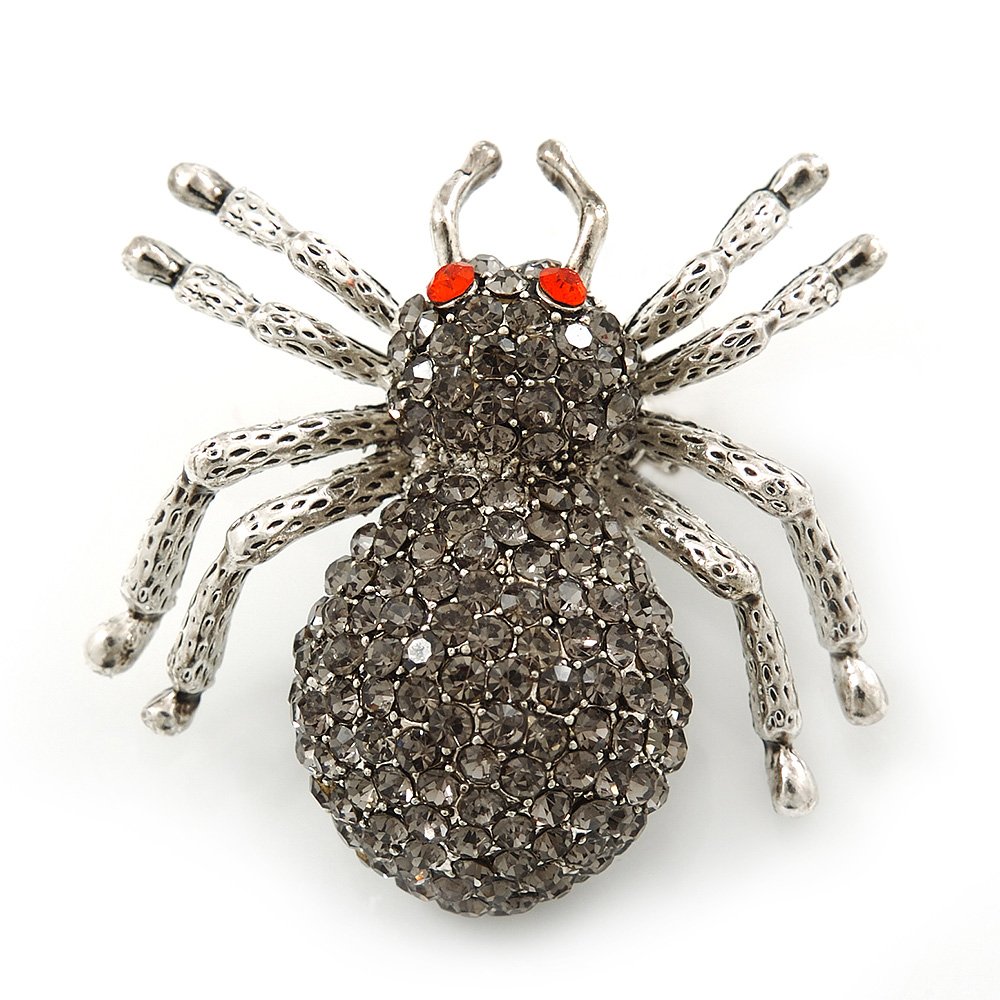 Dim Grey Pave-set Diamante 'Spider' Brooch In Burn Silver - 35mm Length