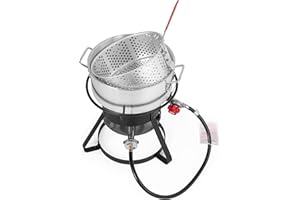 OuterMust 11 Qt. Fish Fryer Pot and Basket, 58,000 BTU Aluminum Propane Outdoor Deep Fryer Pot with Basket and 5 Inches Thermometer for Frying Fish, French Fries