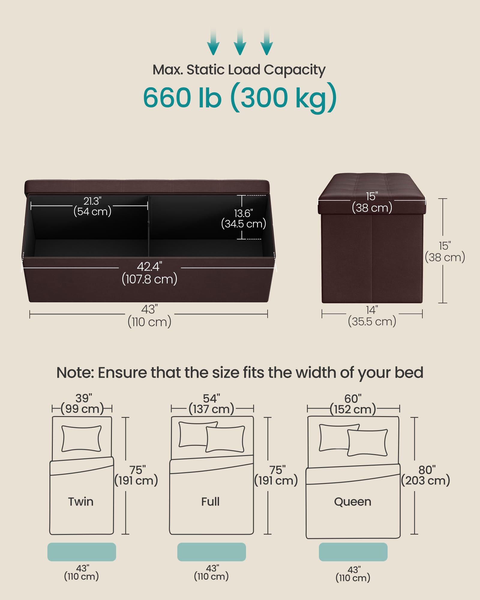 SONGMICS MAZIE Collection - 43 Inches Folding Storage Ottoman Bench, Ottoman with Storage, Foot Rest Stool, Load 660 lb, for Living Room, Synthetic Leather, Brown ULSF703
