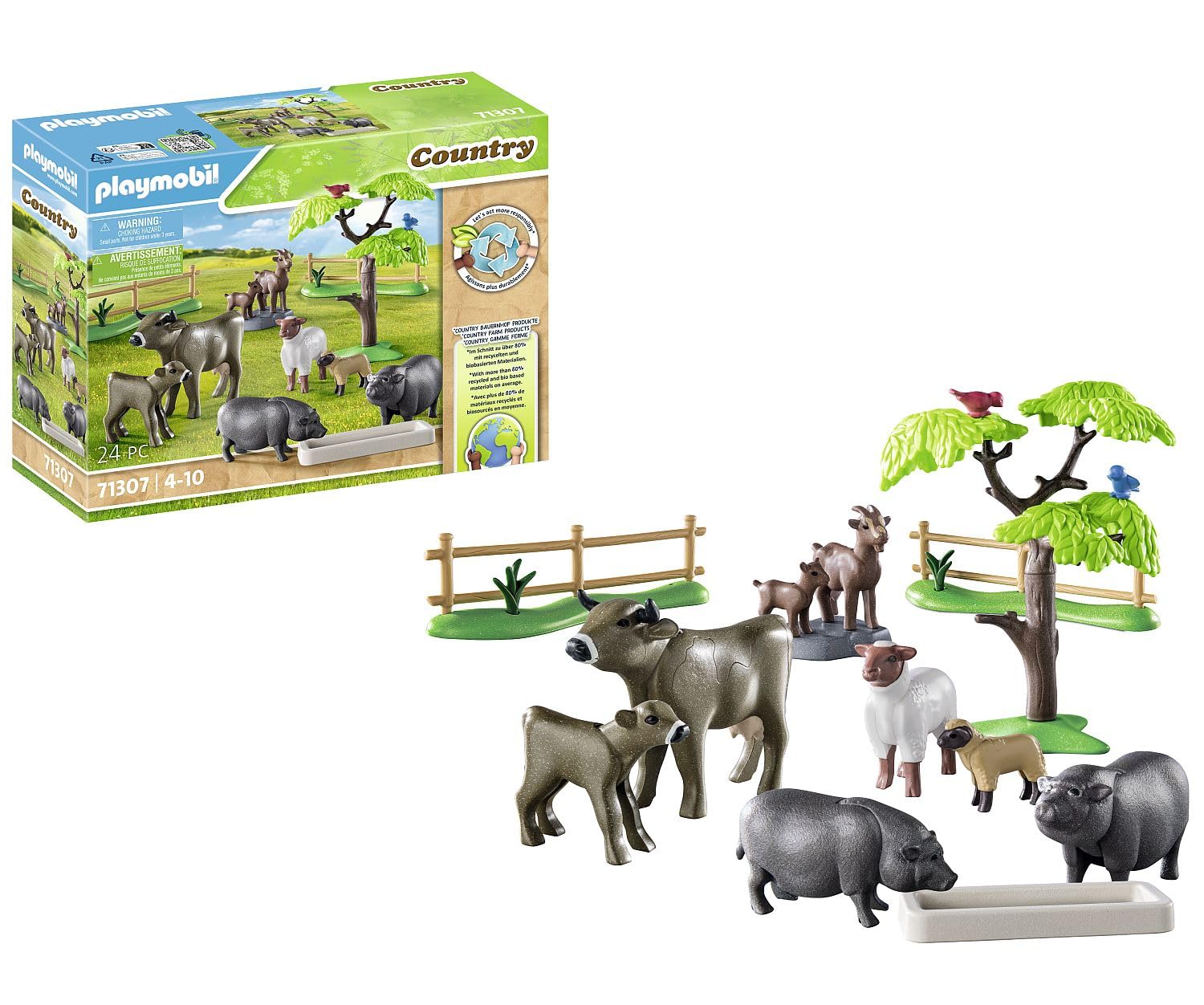Playmobil 71307 Country Animal Set with Paddock, with lovingly designed farm animals like cows, goats, sheep, and pot-bellied pigs, fun imaginative role play, playsets suitable for children ages 4+