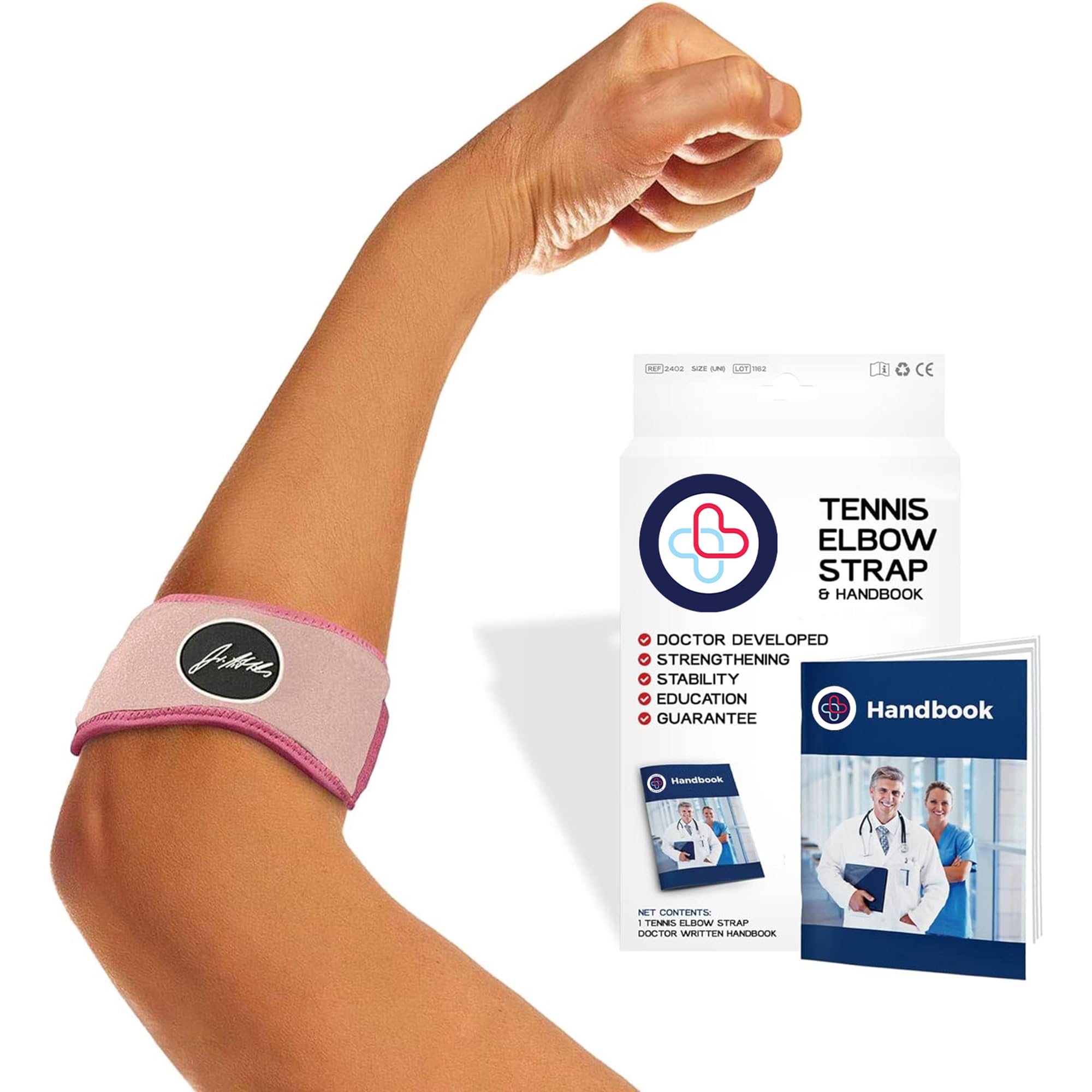 Dr.Arthritis Tennis Elbow Support Strap With Doctor & Doctor Handbook - Reliable Elbow Support For Men & Women - Adjustable Elbow Brace For Daily Wear, Rapid Pain Relief From Tendonitis (Pink)
