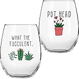 Succulent Plant Cactus Gifts for Women- Set of 2 Funny Wine Glasses 15oz - Plant Lover Gift Mug - What the Fucculent- Pot Hea