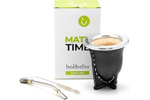 BALIBETOV Leather Wrapped Handmade Yerba Mate Gourd (Mate cup) with Bombilla (Yerba Mate straw) (Black 01)