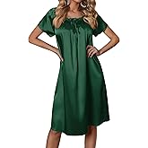 Ekouaer Women's Satin Silk Pleated Nightgown Loose Sleepwear Printed Nightshirt Short Sleeve Sleep Dress