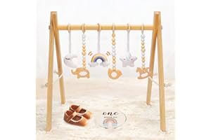 JYUSMILE Wooden Baby Play Gym with 6 Gym Toys - Foldable Frame Activity Center Hanging Bar, Natural Wood Play Gym Fit Baby Gym Mat, Ideal Gift for Newborn Infant Boys Girls