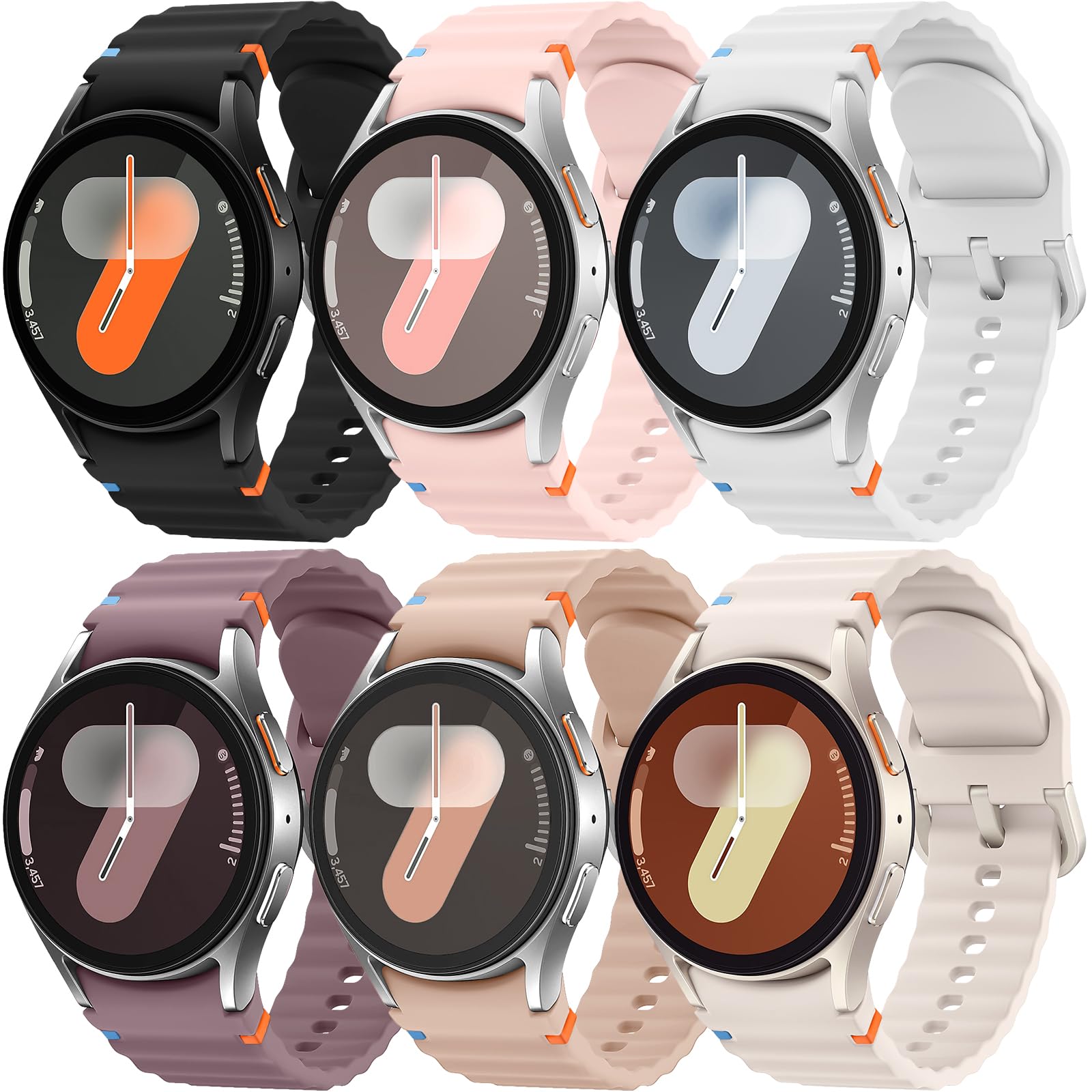 6 Pack Sport Band Compatible with Samsung Galaxy Watch 7 Band 40mm 44mm, No Gap Soft Silicone Strap for Galaxy Watch 6 5 4 FE/Galaxy Watch 6/4 Classic 47mm 43mm 46mm 42mm/Watch 5 Pro 45mm Men Women