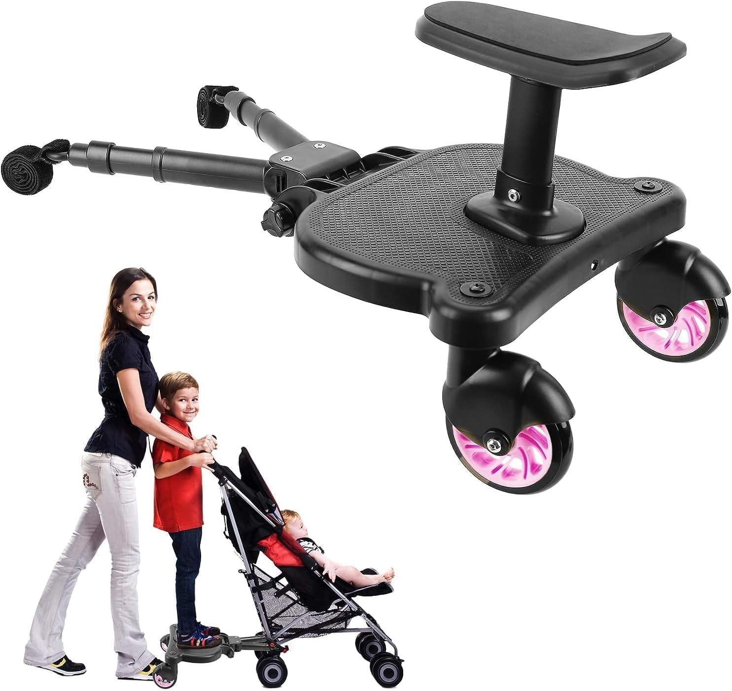 Buggy Board with seat, Standing Board, Toddlers Stroller Board Kiddy Board Stable Two Wheel Design with Seat (Pink)