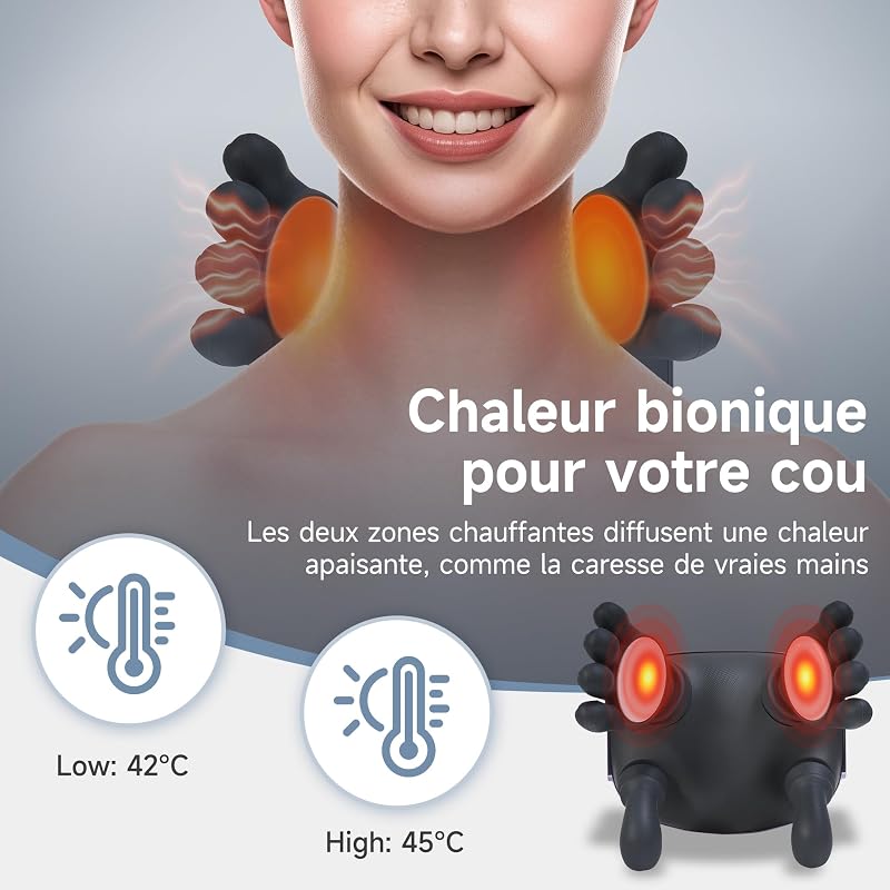4D Masseur Cervical avec Chaleur, 3 Niveaux D’Intensité, sans fil