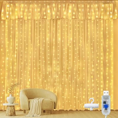 Ollny Curtain Lights 300LED USB 3m x 3m IP44 Indoor Outdoor 8 Modes Warm White