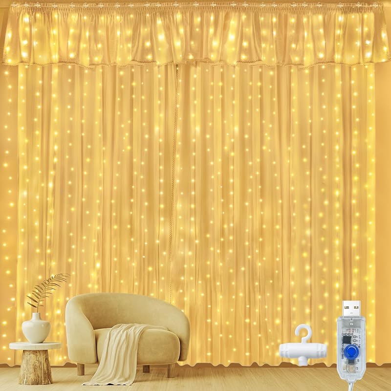 Ollny Curtain Lights 300LED USB 3m x 3m IP44 Indoor Outdoor 8 Modes Warm White