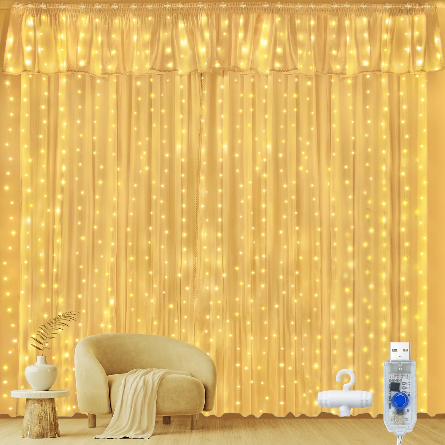 Ollny Curtain Lights Indoor Outdoor, 300LED 3mx3m Christmas Window Fairy Lights, Waterfall Hanging String Light Waterproof with USB 8 Modes for Bedroom/Wedding/Party/Xmas Decorations, Warm White