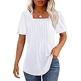 OFEEFAN T Shirts for Women Pleated Square Neck Dressy Casual Blouses Puff Short Sleeve Summer Tops Loose Fit