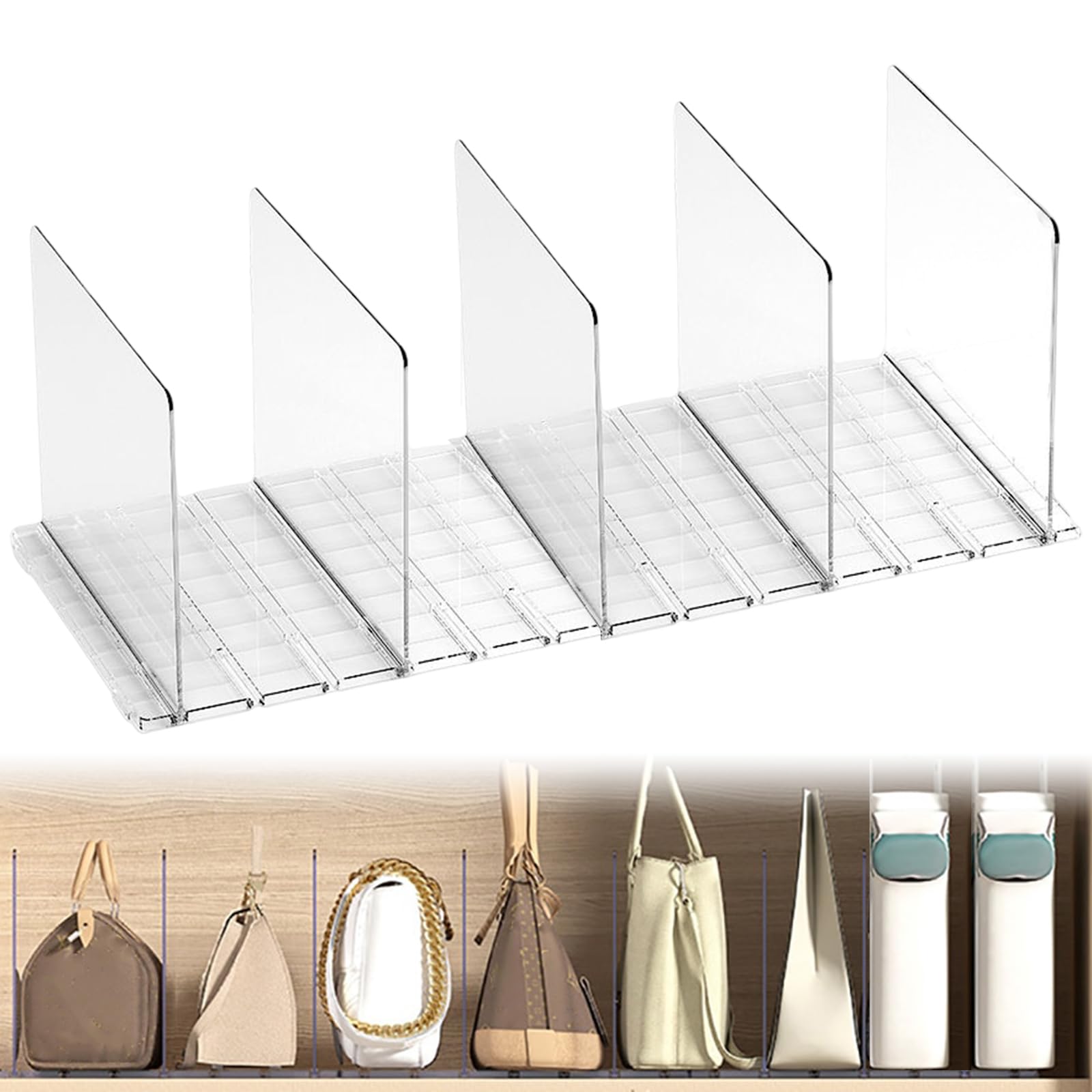 Hapihom 5pcs Shelf Dividers for Closets Plastic Transparent Handbag Purse Bag Clothes Divider Shelf Clear Removable Shelf Separators for Bedroom Kitchen Office Cabinets Shelf Storage and Organization