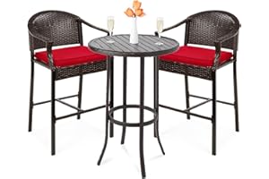 Best Choice Products 3-Piece Patio Bar Table Set, Outdoor Wicker Bar Height Bistro Furniture for Backyard, Poolside, Balcony w/Barstools, Cushions, Steel Frame – Brown/Red