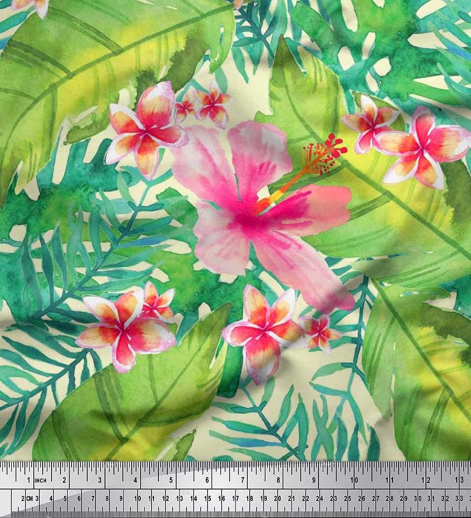Soimoi Yellow Cotton Jersey Fabric Leaves & Pink Floral Tropical Print Sewing Fabric