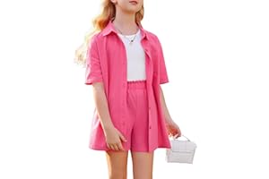 Flypigs Girls 2 Piece Linen Set Kids Outfits Cotton Button Down Short Sleeve Collared Shirt Set 6-13 Years