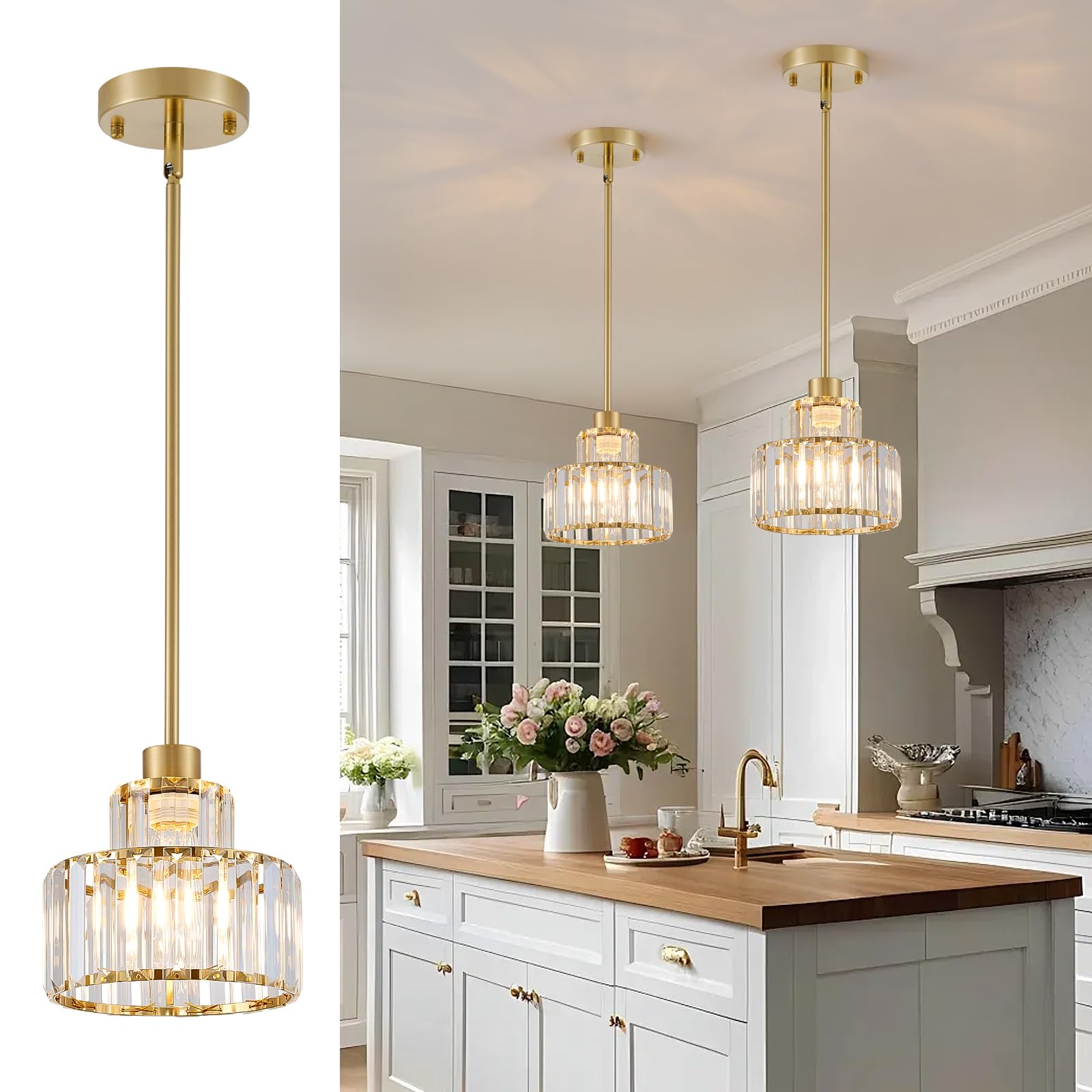 Photo 1 of Dijiahua Gold Pendant Lights Kitchen Island 2 Pack,Modern Crystal Pendant Light Fixtures Over Table, Mini Brass Dining Room 1-Light Chandelier,Adjustable Cord Hanging Lamp for Bedroom,Hallway