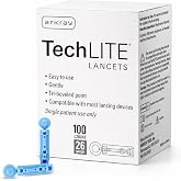 ARKRAY TechLITE Lancets 26 Gauge, 100 Count &ndash; Twist-Off Cap Lancets for Lancing Devices, Sterile Single-Use, Universal Fit for Most Standard Lancing Devices