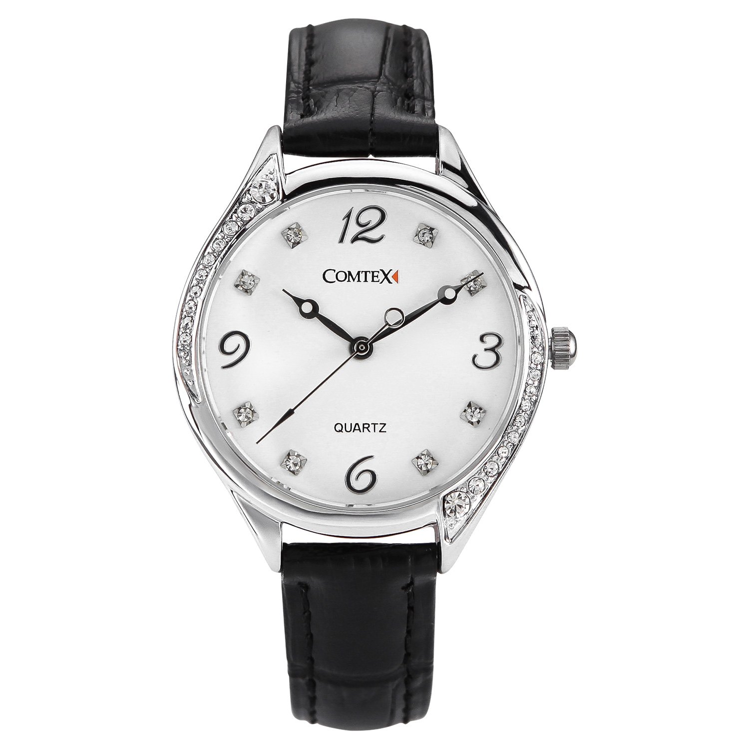 COMTEX Women’s Watches Black Leather White Dial Crystal Diamond Number — image 1