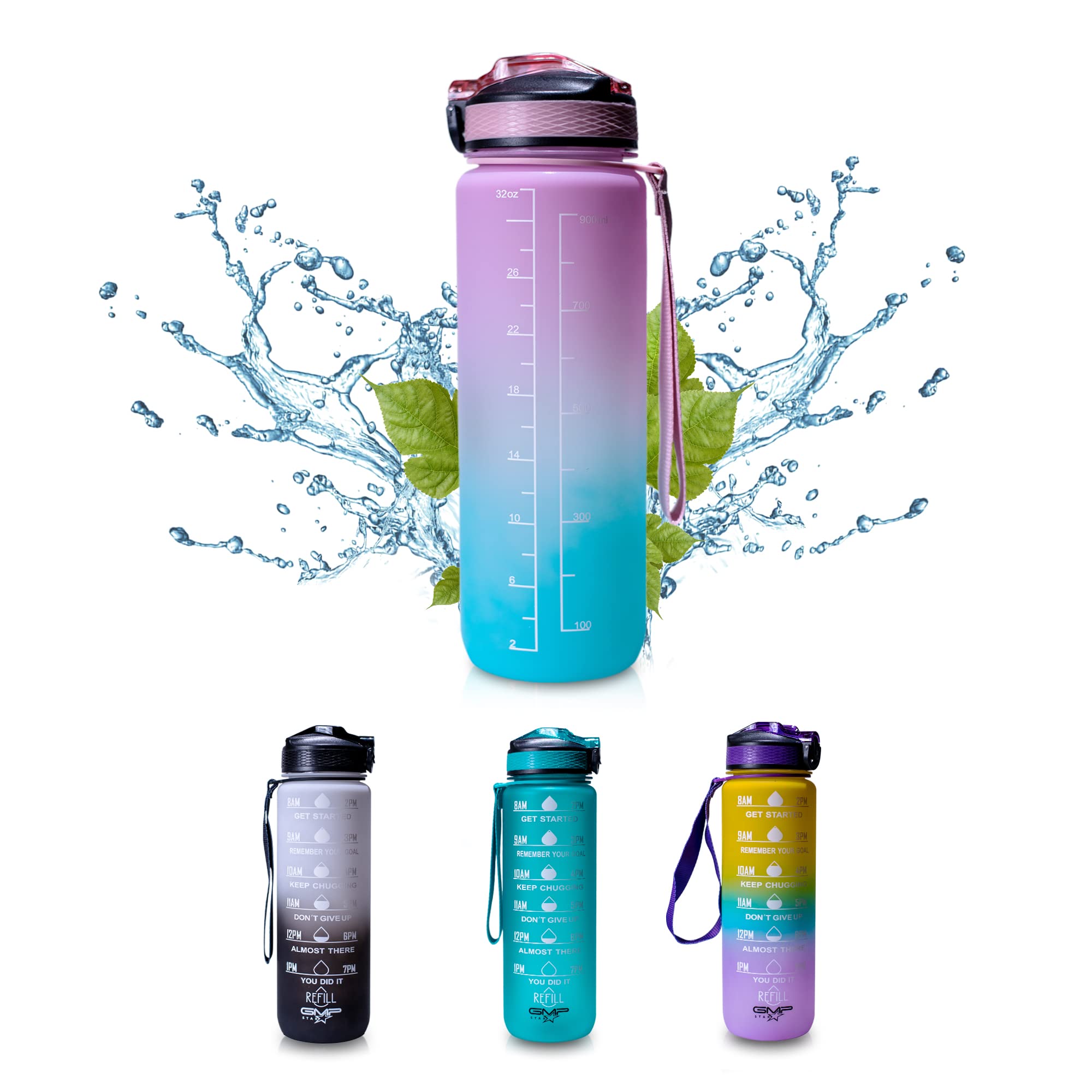 GMP.STAR 1L Water Bottle - Leak Proof with Quick Open Lid and Time Markings - 100% BPA Free - Motivational Gym, Travel, Sports for Adults, Kids (pink,blue)