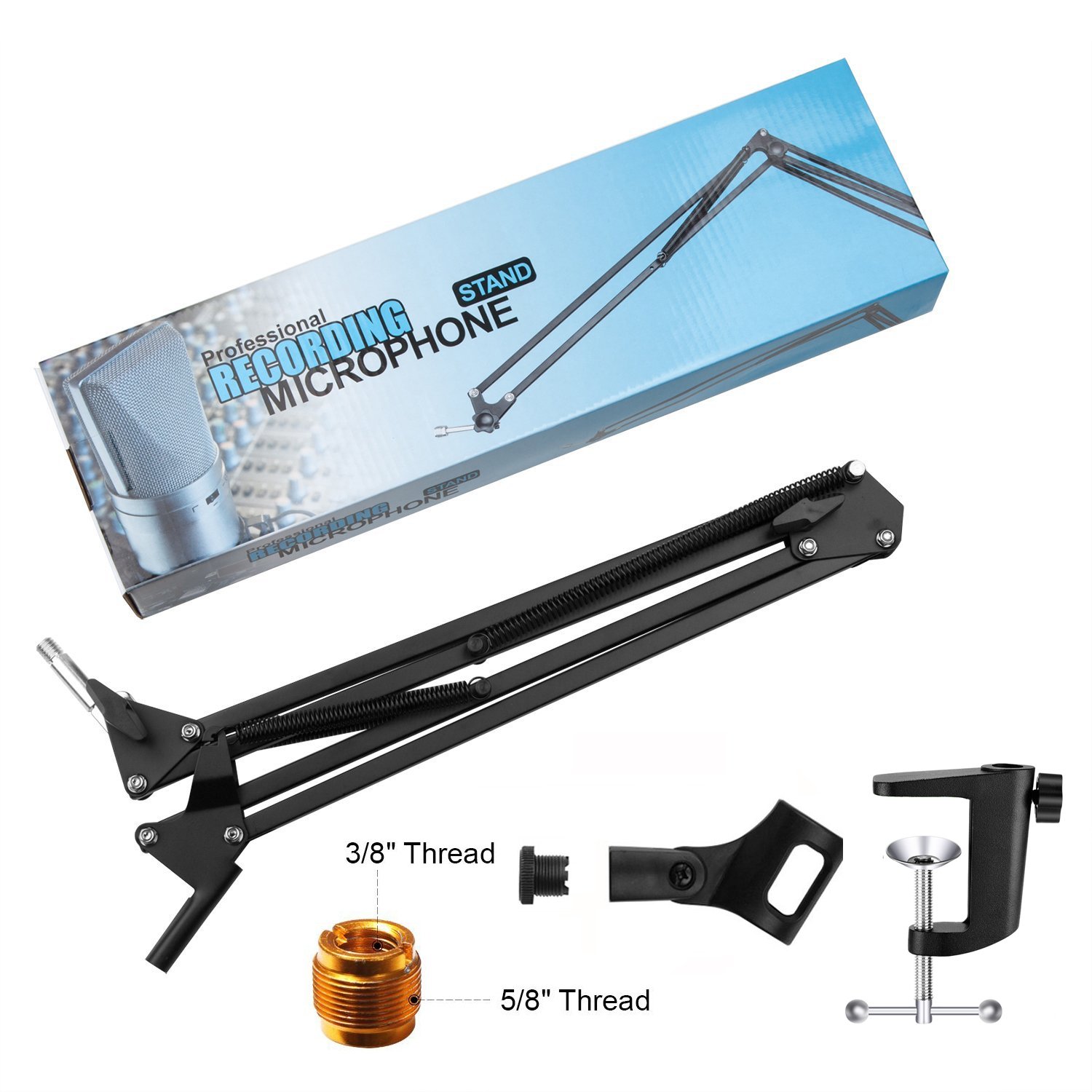 Microphone Arm Stand, URMI Microphone Suspension Boom Scissor Arm Stand Mic Clip Adjustable Boom Studio Scissor Arm Stand with Mic Clip Holder and Table Mounting Clamp for Blue Yeti Snowball Microphone