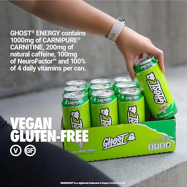 GHOST ENERGY DRINK – 12-PACK, WARHEADS SOUR GREEN APPLE, 16OZ – ENERGY & FOCUS & NO ARTIFICIAL COLORS – 200MG OF NATURAL CAFFEINE, L-CARNITINE & TAURINE – GLUTEN-FREE & VEGAN