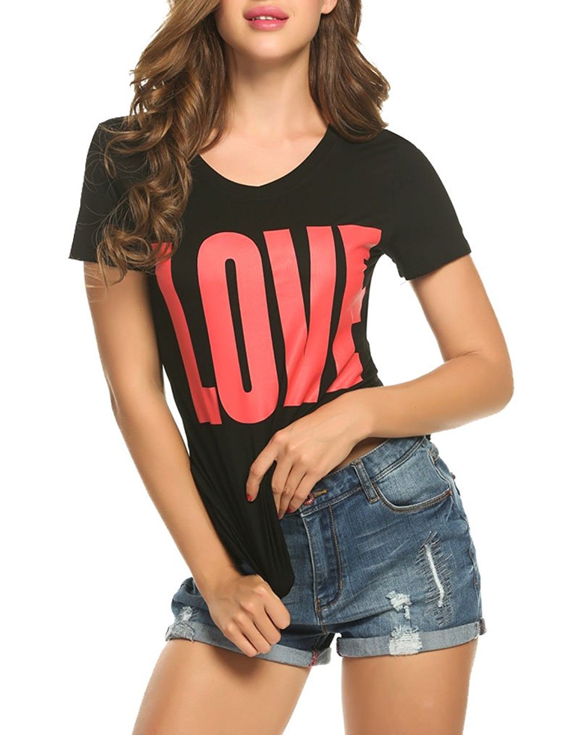 ECOLIVZIT Juniors V-Neck Short Sleeve T Shirt Casual Tees Tops LOVE Print