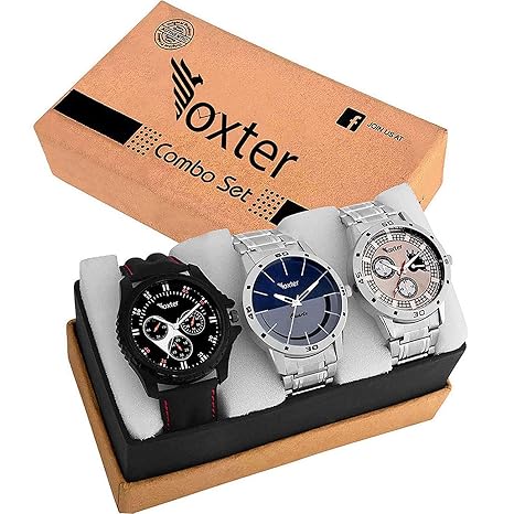 Foxter Quartz Movement Analogue Display Multicoloured Dial Mens Watch(ARMBLK~27GREY~27SMILY) - Pack of 3