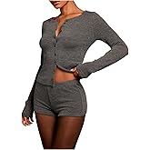 SHENHE Women's Y2k Outfits Shorts Set 2 Piece Button Up Long Sleeve Knit Shirt Mini Shorts Set