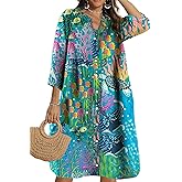 Women's Boho Floral 3/4 Sleeve Button Down Shirt Dress Spring Casual Colorful Holiday Midi Dress with Pockets