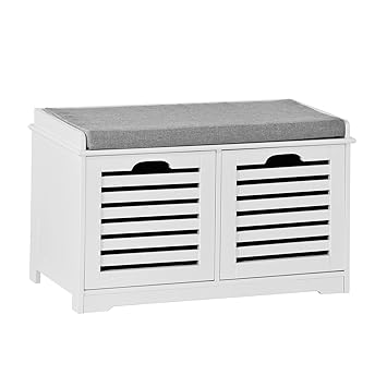 SoBuy® Moderne Schuhtruhe,Sitzkommode mit 2 Körben,Sitzbank, Schuhschrank mit Sitzkissen,Spieltruhe, FSR23-K-W