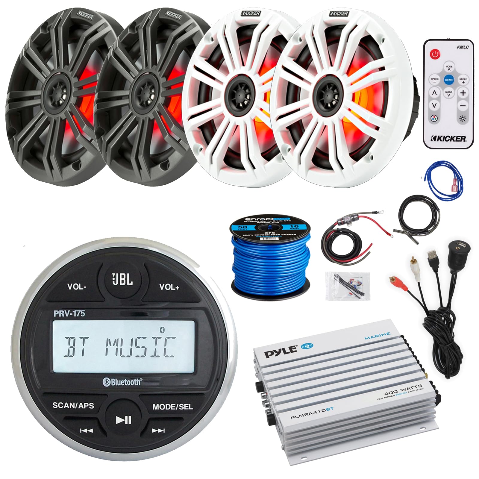 JBL Receptor Bluetooth de medios digitales marinos estilo calibre, 4 altavoces LED multicolores de 6,5 y 195 vatios de potencia máxima con rejillas de carbón y blancas, cable, control remoto LED, amplificador de 4 canales con kit, adaptador USB/AUX