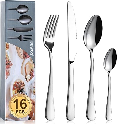 BEWOS 16 Piece Stainless Steel Cutlery Set Flatware Silverware for 4 Dishwasher