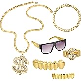 Mujahid Hip Hop Costume Kit 80s 90s Rapper Accessories, Outfits for Men Women Cosplay Club Old School Themed Party Supplies Sunglasses Necklace Bracelet False Teeth
