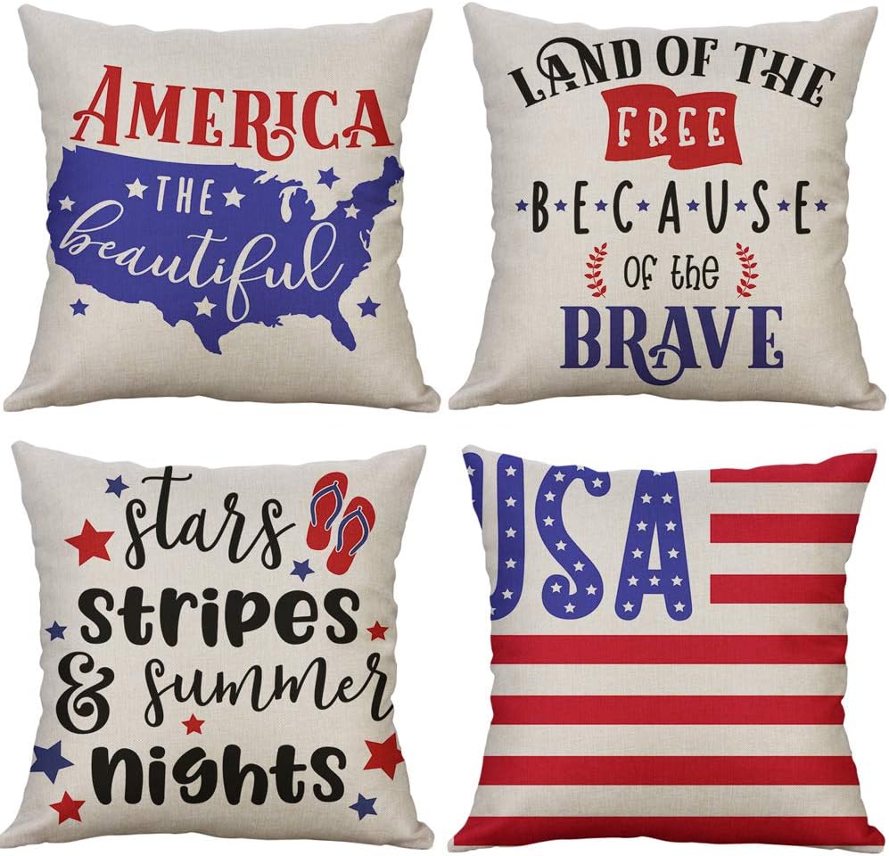 LEVOSHUA 4 Pack American Flag Pillowcase Throw Pillow Case Cushion Cover Patriotic 4th of July Cotton Linen Pillowcase Home Decorative for Sofa 18" x 18"