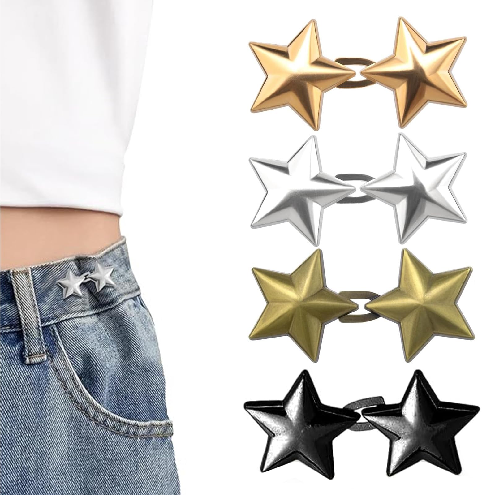 Chaofatchoy 4Pairs Star Waist Tightener, Adjustable Waist Tightener for Jeans, Pants, Skirts, Sleeves, Sweaters, Metal, Gold, Silver, Shiny Black, Bronze